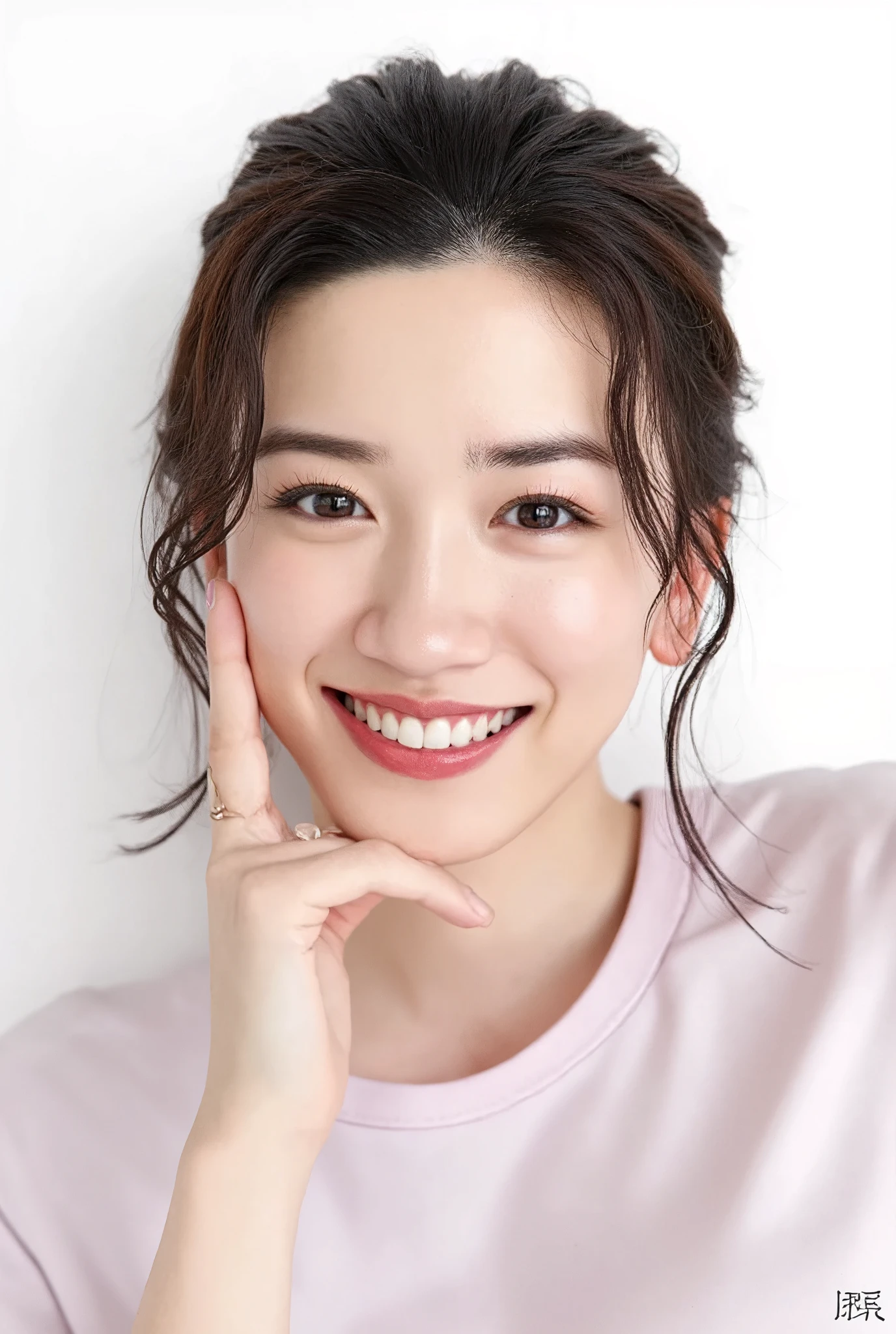 32K, Masterpiece, masterpiece, Realistic, Very detailed,  photograph, High resolution, A face that Japanese men really like., Smoother light, official art, Written boundary depth, Bright light, close, Detailed face, smile, Beautiful details in the eyes, 19 year old Korean, cute, real texture skin, T-Shirts,