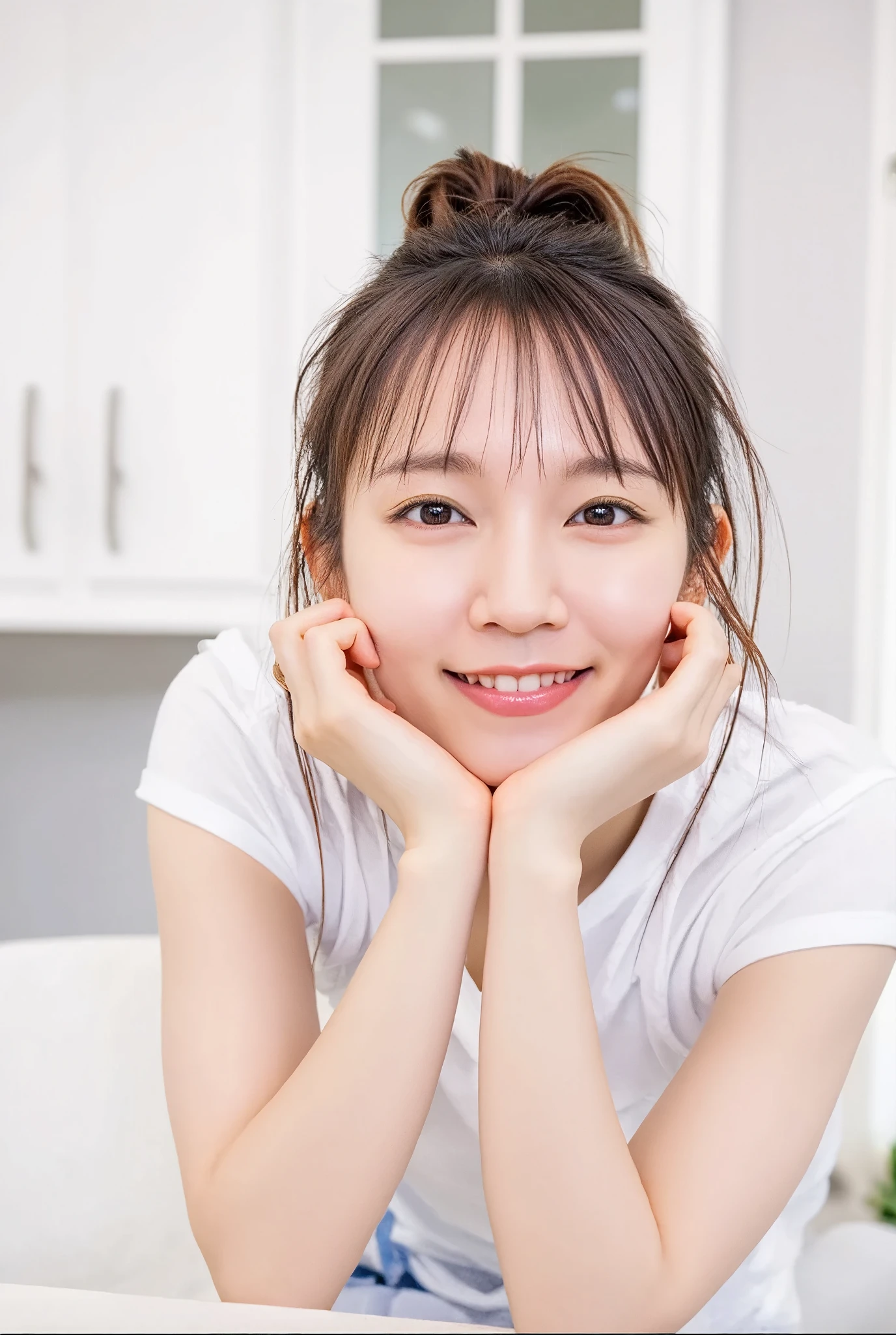 32K, Masterpiece, masterpiece, Realistic, Very detailed,  photograph, High resolution, A face that Japanese men really like., Smoother light, official art, Written boundary depth, Bright light, close, Detailed face, smile, Beautiful details in the eyes, 19 year old Korean, cute, real texture skin, T-Shirts,