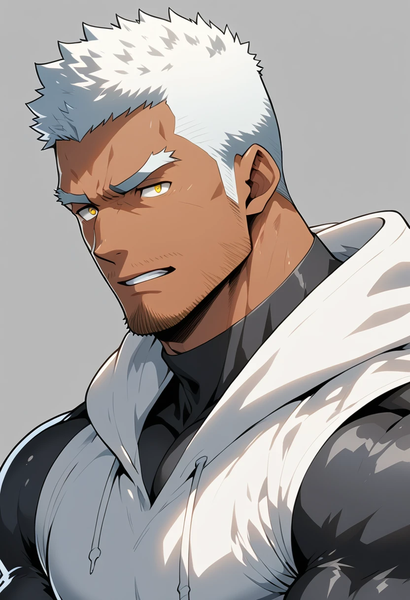 negro，anime characters：Gyee, Young Muscle Sports Sexy Teacher, negro black skin, Manliness, male focus, milky White long-sleeved hooded sweatshirt, Wear a black high-necked tights inside, Very tight, muscular male, muscular, only, Upper body, White short hair, Thick eyebrows, stubble, Yellow eyes, Grey background, simple background, amazing quality, best aesthetics, Ridiculous, bright pupils, crew cut, parted lips, embarrassed, endured face, Aggrieved expression, best quality