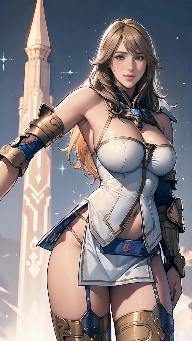 Browsing Caution,Sensual, Long blonde hair, Thick thighs, 8k, 4K, Highest quality, (High resolution:1.6), Cute anime face, Noise Reduction, (Sparkling Blue Eyes, A kind smile:1.3, Kind eyes:1.3)、Young Face, Anime Eyes, Sophitia Alexandra、(Sword in right hand:1.5)、(Equipped with a shield on the left arm:1.5)、(SFW Giant:1.9)、(Beautiful Nose:1.5)、Long tights、Knee-high boots、(garter belt:1.5)、Beautiful Hands、Beautiful fingers、(High cut thong:1.5)