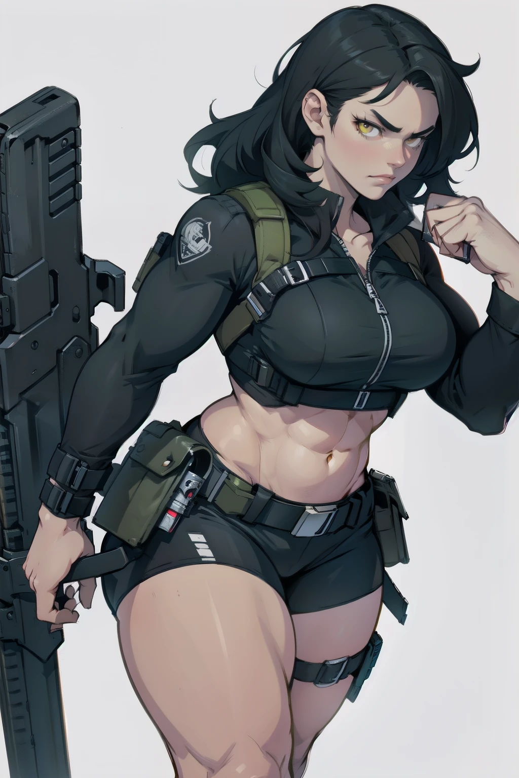  thick hips,  thick thighs, platform  heels, high cut leotard, flat chest, thin waist, bob cut hair, weapon, tanned skin, gun, angry look, military camouflage, scream, thick body, fitness, stockings, high platform heels,