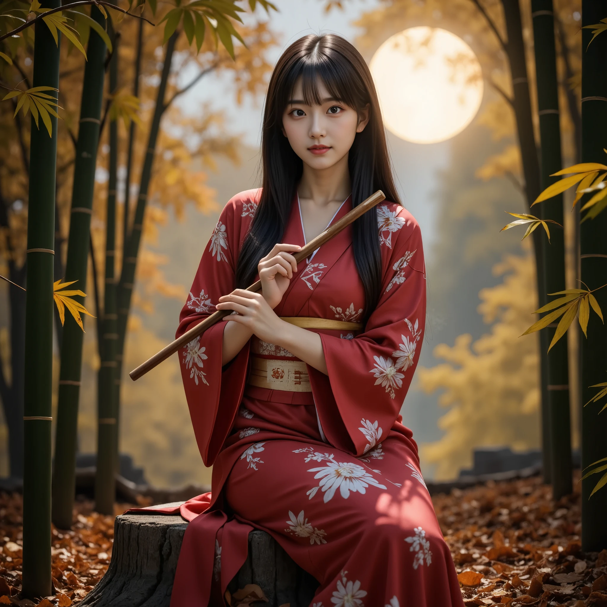  A beautiful young Japanese woman plays a wooden flute, cute, Princess Kaguya, Beautiful straight long black hair,　(She is wearing a beautiful red luxurious kimono,A kimono with a white and gold Japanese-style flower pattern on a red fabric, Very neat), A cute face like an idol, Large eyes with double eyelids, Fantasy art, Realistic, moving lighting, Art Station, Poster, Volumetric lighting, The face is very detailed, 4k Award Winning,  Deep Shadow, Beautiful silhouette, Modest, (Sitting on a stump, whole body:1.2) , (very beautiful、A full moon in the gaps between a fantastical bamboo forest and autumn maple leaves:1.2), (masterpiece, best quality:1.2),　
