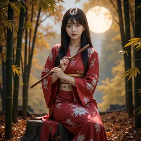 a beautiful young japanese woman plays a wooden flute, cute, princess kaguya, beautiful straight long black hair,　(she is wearin...