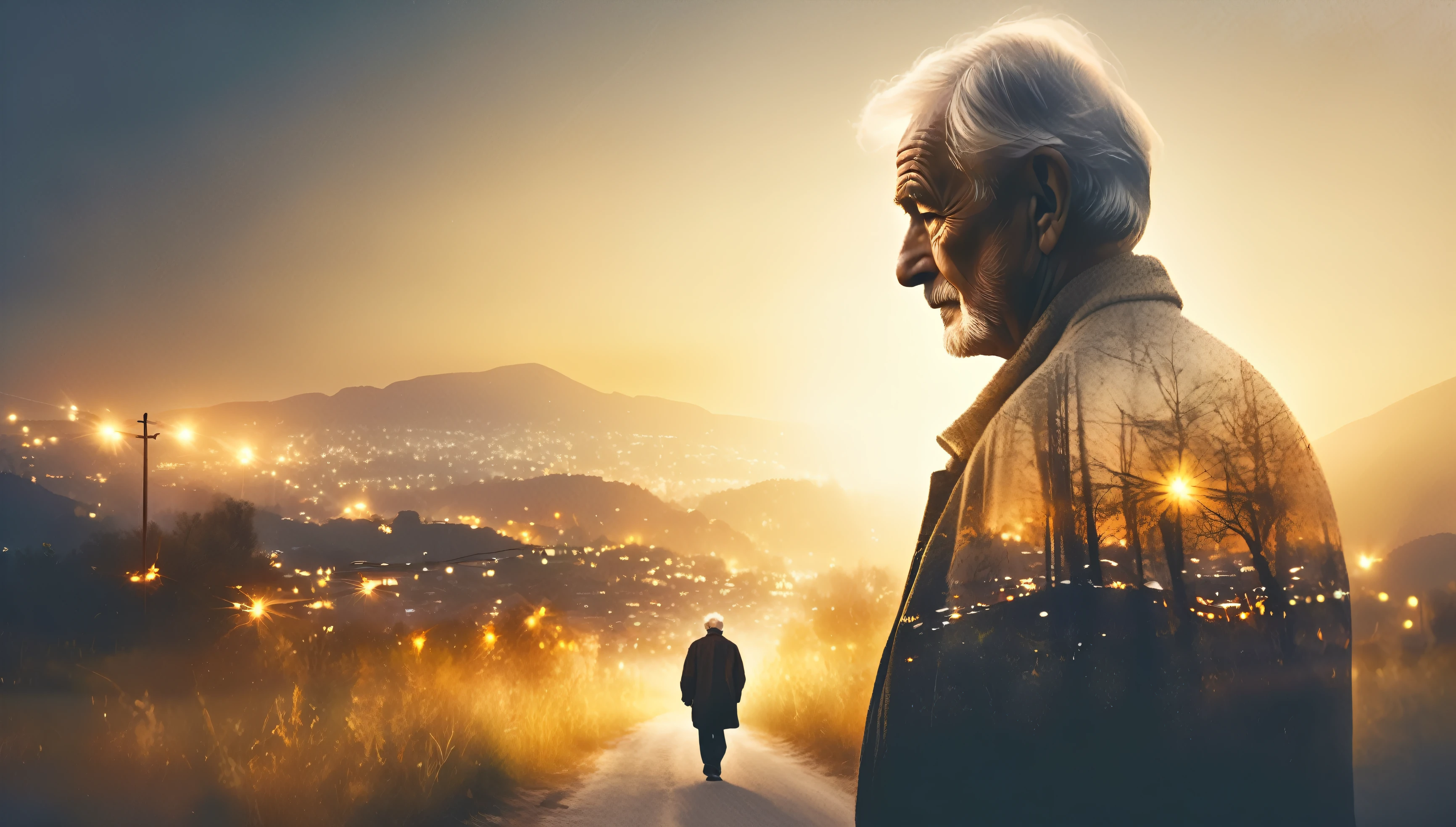 Photos taken using double exposure technique，Featuring the silhouette of an old man, a elderly person walking down a street path at twilight, intricate details, cinematic lighting, warm tones, detailed facial features, worn clothing, sense of contemplation, peaceful atmosphere, the journey of life, (best quality,4K,8k,highres,masterpiece:1.2), sense of nostalgia, serene landscape