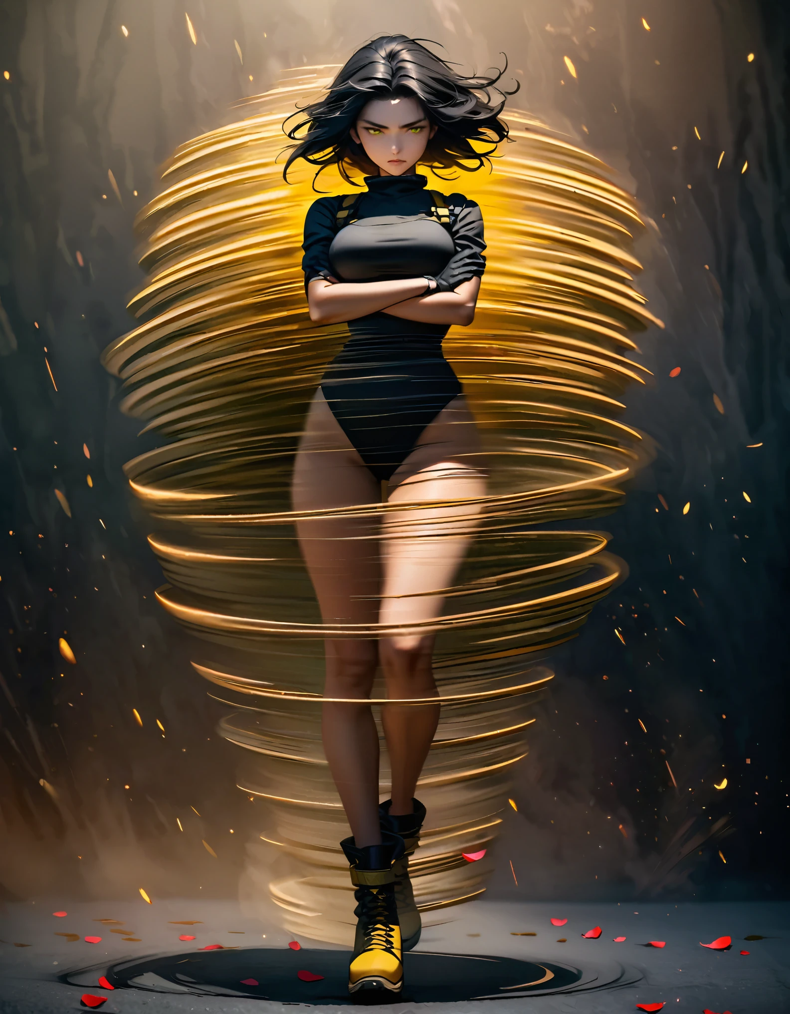 masterpiece, best quality, high res, 8k, 1 girl, solo, solo focus, full body shot, (black hair, medium hair, medium breasts, green eyes), ninja, perfect anatomy, cyberpunk style, ((load-bearing vest, belt, black gloves, (black leotard, yellow hooded jacket), bare legs, yellow combat boots, matching boots)), Japanese Garden backdrop, cowboy shot, (body induced with black aura:1.2), (fast spin, dynamic whirl pose, spins fast in place like a tornado:1.2), whirls fast in place like a tornado:1.2, tornado whirling, spiral lines around her:1.2, speed lines around her, storm winds around her, whirls into a tornado, (she whirls) at (super speeds)). full body costume design. she super-spins, whirlwind, dust particles, red cherry petals around her. crossed arms, serious expression.