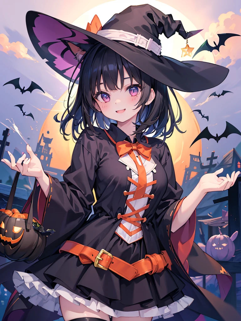 1 girl、Anime style painting、smile、Black Hair、smile、perfect lighting，Background Blur, Written boundary depth，Dog Ears，Halloweenパーティー，Halloween，Halloweenの衣装，Sounds fun!!!!!!!，Witch Costume，Casting a spell，Low exposure