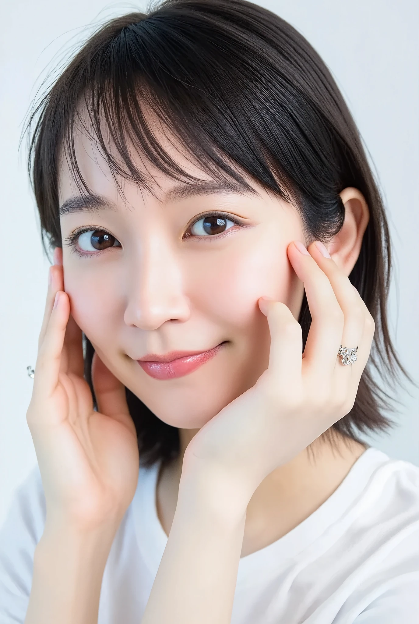 32K, Masterpiece, masterpiece, Realistic, Very detailed,  photograph, High resolution, A face that Japanese men really like., Smoother light, official art, Written boundary depth, Bright light, close, Detailed face, smile, Beautiful details in the eyes, 19 year old Korean, cute, real texture skin, T-Shirts,