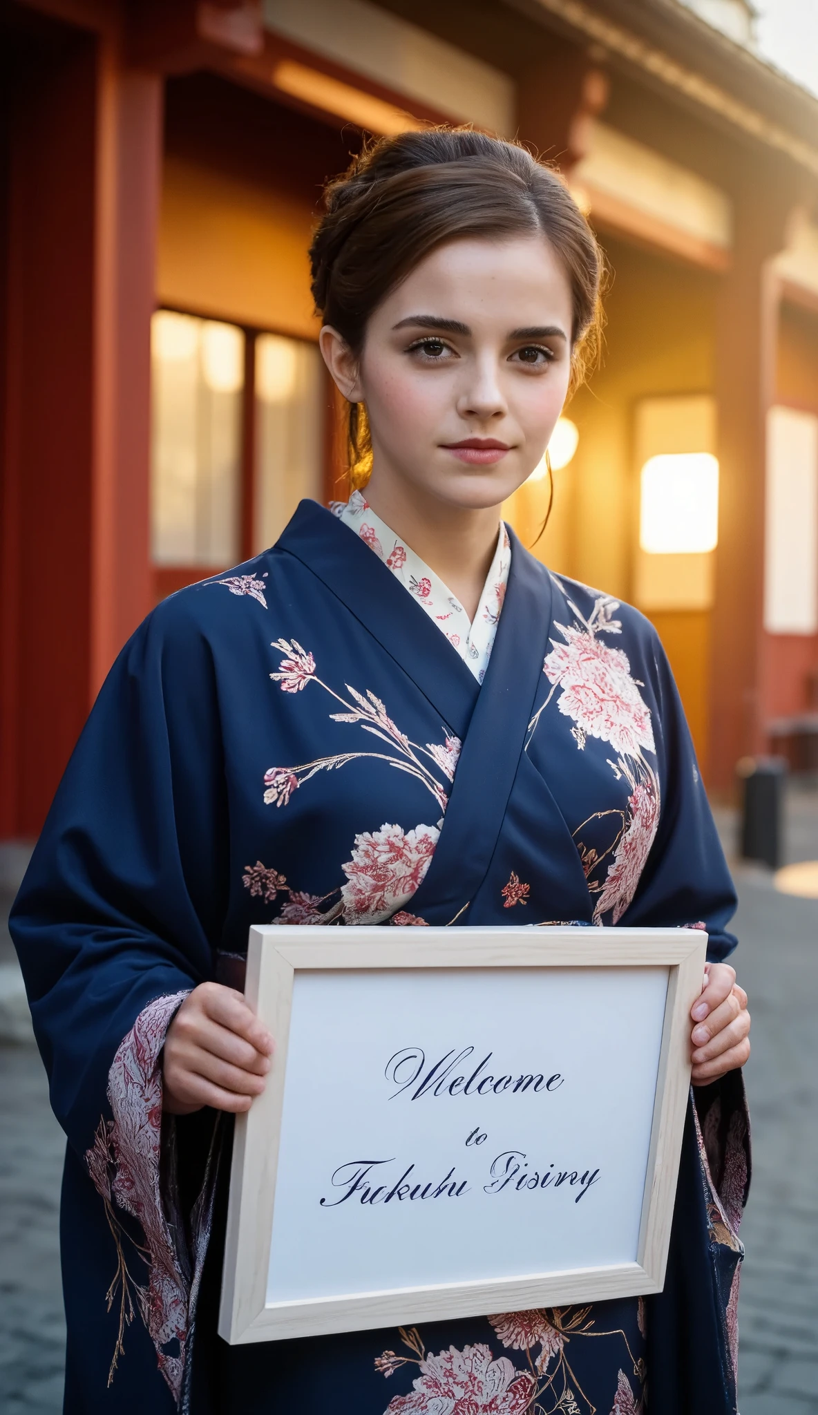 cowboy shot, front view, Name is Emma Watson, 1 woman, beautiful young England woman, 30-age, (golden hair, chignon , fringe, beautiful dark blue eye, smile), (C cup breasts, wide hip), ( Japanese traditional Dark blue Kimono, kimono's below flower pattern , White obi with flower pattern ) , White board hold both hands, writing word "Welcome Fukutsu City" front Shinto shrine, The Road of Light , sunset, , ((super detail, high details, high quality, accurate, anatomically correct, textured skin, beautiful fingers super detail, high details, high quality, best quality))