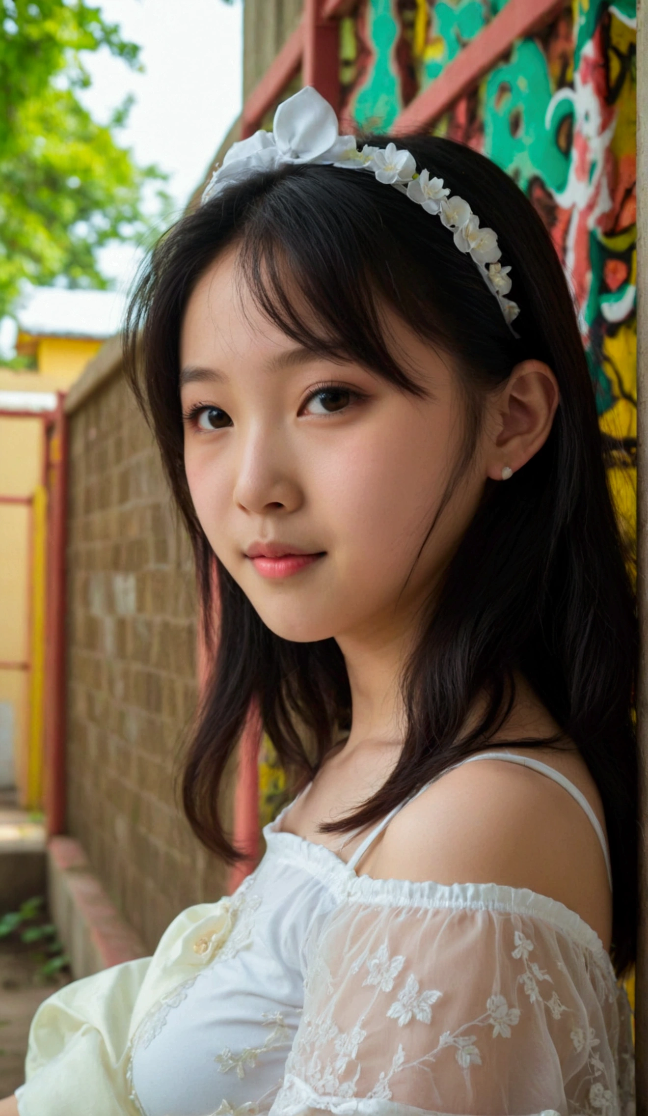 Prettiest asian girl, the cutest asian girl, sweet asian girl on the schoolyard, relaxing, age 9 with budding_breast, pale skin, juveniles physique, charming adolescents girl, wear white camisole dress that show off her unique cuteness, full-body shot