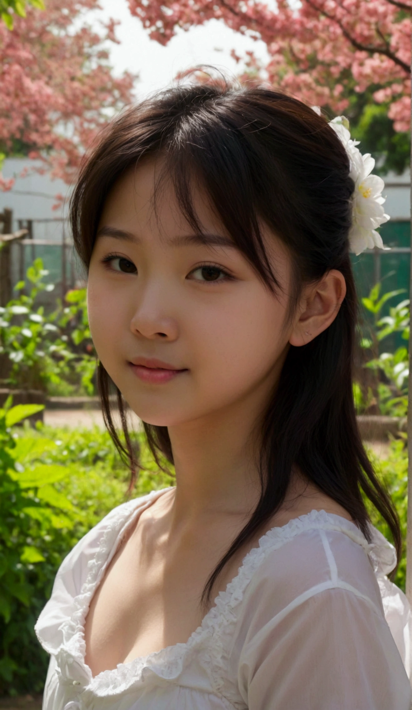 Prettiest asian girl, the cutest asian girl, sweet asian girl on the schoolyard, relaxing, age 9 with budding_breast, pale skin, juveniles physique, charming adolescents girl, wear white camisole dress that show off her unique cuteness, full-body shot