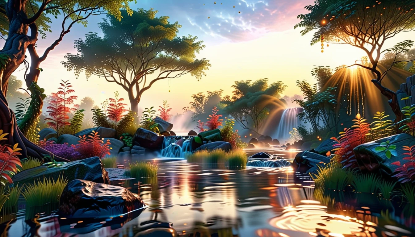 Enchanted Forest At Dawn (32K Ultra-Resolution): A 32K Ultra-Resolution Masterpiece, Hyper-Realistic Quality, Supreme Detail, Official Art. A Mystical, Foggy Forest Bathed In The First Light Of Morning, Dew-Covered Trees Towering Above, Surrounded By Floating Fireflies. An Ethereal River Shimmers Under The Canopy, While Vines Hang Low, Wrapped Around Ancient Stones. A Distant Waterfall Glows Softly As The Sun Rises Over The Enchanted Land.