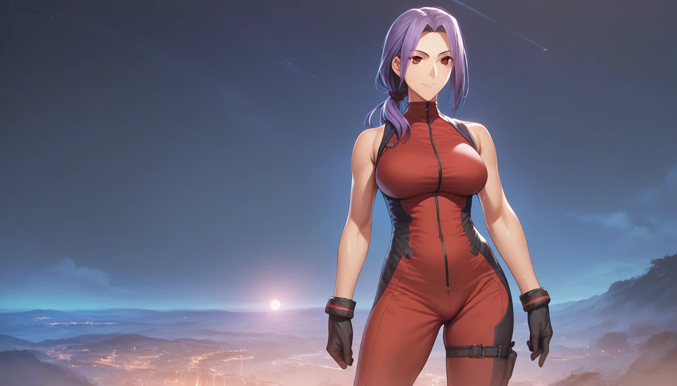 Score_9, Score_8_up, Score_7_up, One Girl,smile, Hirokazu Koyama ,Sweaty,sexy,Pixel Perfect,Large Breasts,Anatomically correct, Masterpiece Highly detailed,8k,indoor,(Fits your body,Rider Suit,Sleeveless,Thin fabric),, Red eyes, ( Long Hair, Purple Hair, Parted bangs,Low Ponytail, ), standing,クローズup, (background,night,Los Angeles,)