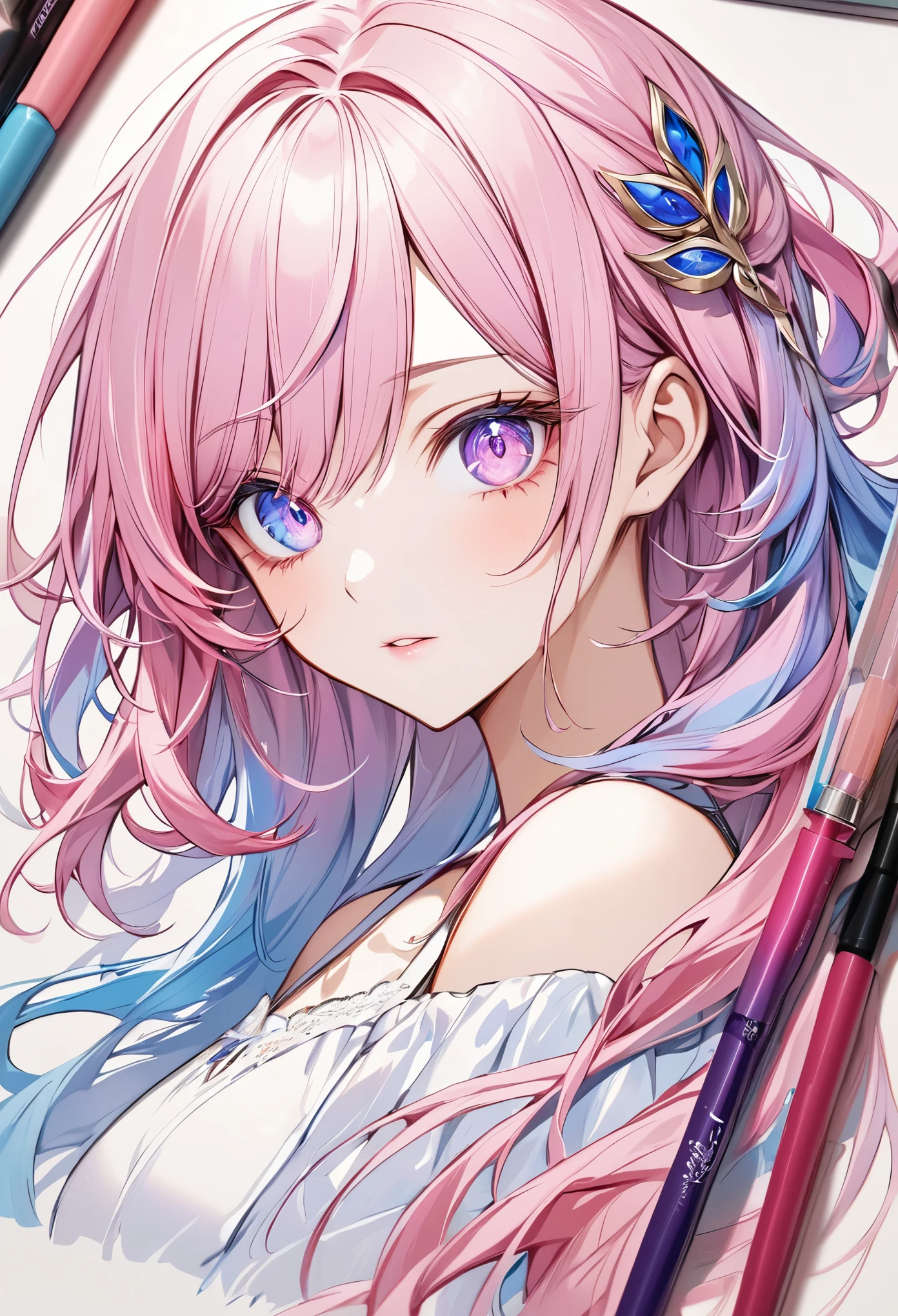 (Yae miko), (((1girl))), ((toned)), female focus, masterpiece, high quality, (masterpiece:1.2), (best quality:1.2), shiny, realistic, ornate, intricate, shirtless, ((pink hair)), (long hair), purple eyes , hair between eyes, hair_stick, hot_girl, elegant_clothes, ring, solo, hair_ornament, hair_pin, elegant, looking_at_viewer, holding_fan, red_eyeliner, FH , looking at the viewer , pupils constricted, (shadows cast over the face:1.3), dark room, shadow room, sexy expression, (upper body)
