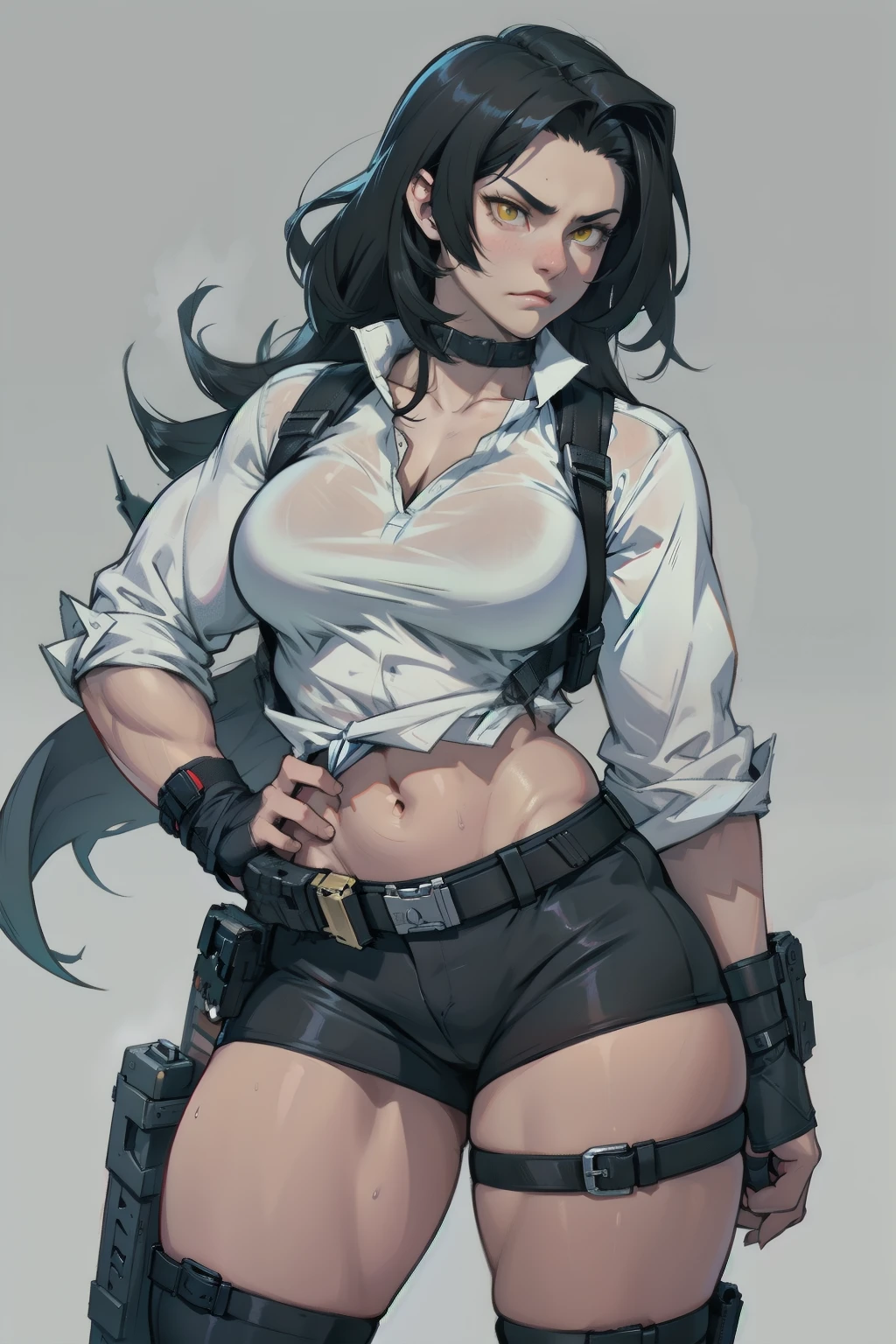 woman in a holding a gun, , glamorous, short blue plaited skirt, tied white shirt, red bra, midriff, black hair in pony tail, clear colours