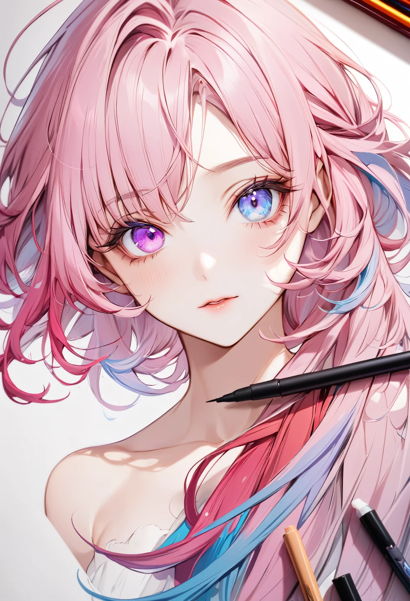 A drawing of a girl with pink hair and blue eyes - SeaArt AI