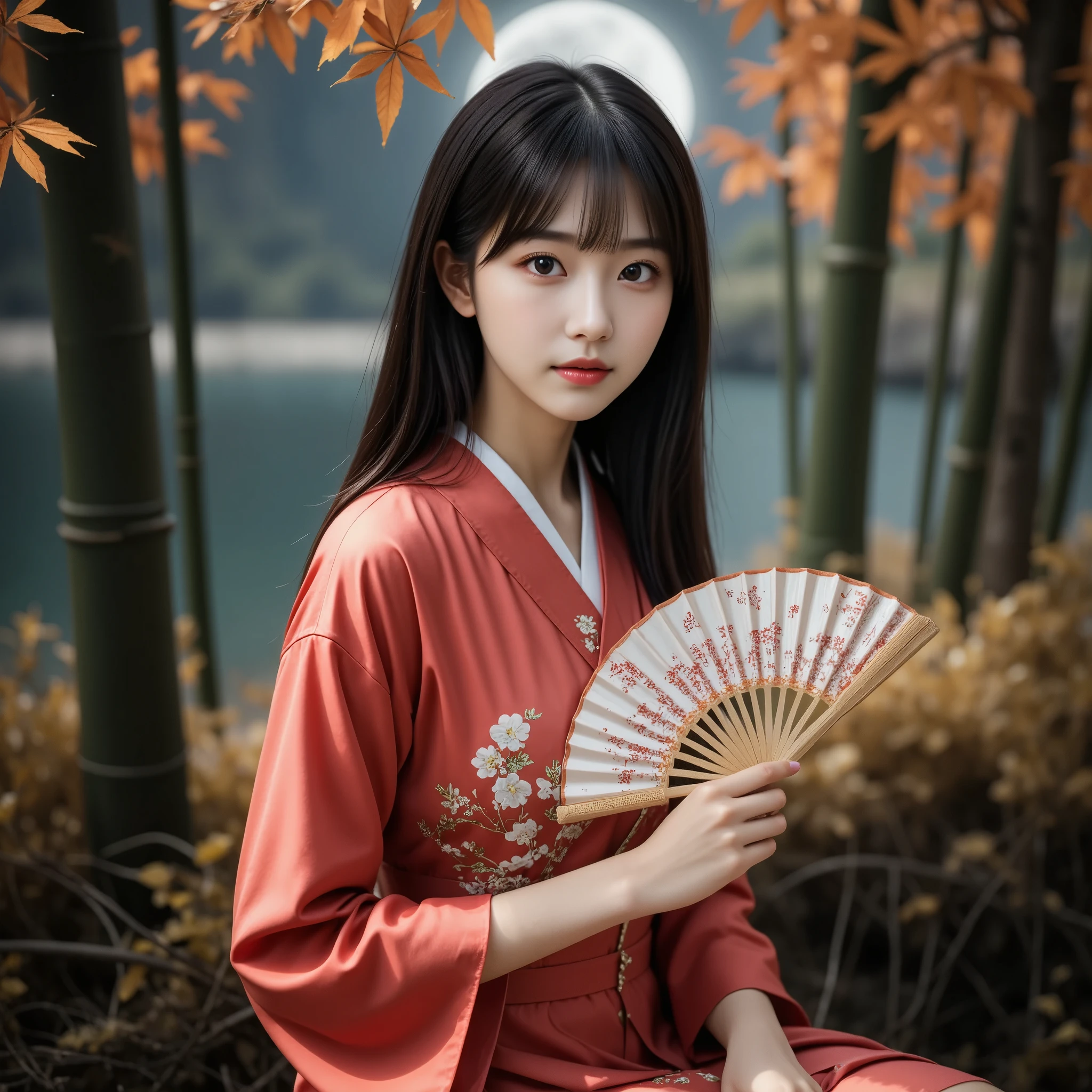  A young beautiful Japanese woman holds a fan with a beautiful Japanese pattern, cute, Princess Kaguya, Beautiful straight long black hair,　(She is wearing a beautiful red luxurious kimono,A kimono with a white and gold Japanese-style flower pattern on a red fabric, Very neat:1.2), A cute face like an idol, Large eyes with double eyelids, Fantasy art, Realistic, moving lighting, Art Station, Poster, Volumetric lighting, The face is very detailed, 4k Award Winning,  Deep Shadow, Beautiful silhouette, Modest, (Sitting on a stump, whole body:1.2) , (very beautiful、A full moon in the gaps between a fantastical bamboo forest and autumn maple leaves:1.2), (masterpiece, best quality:1.2),　
