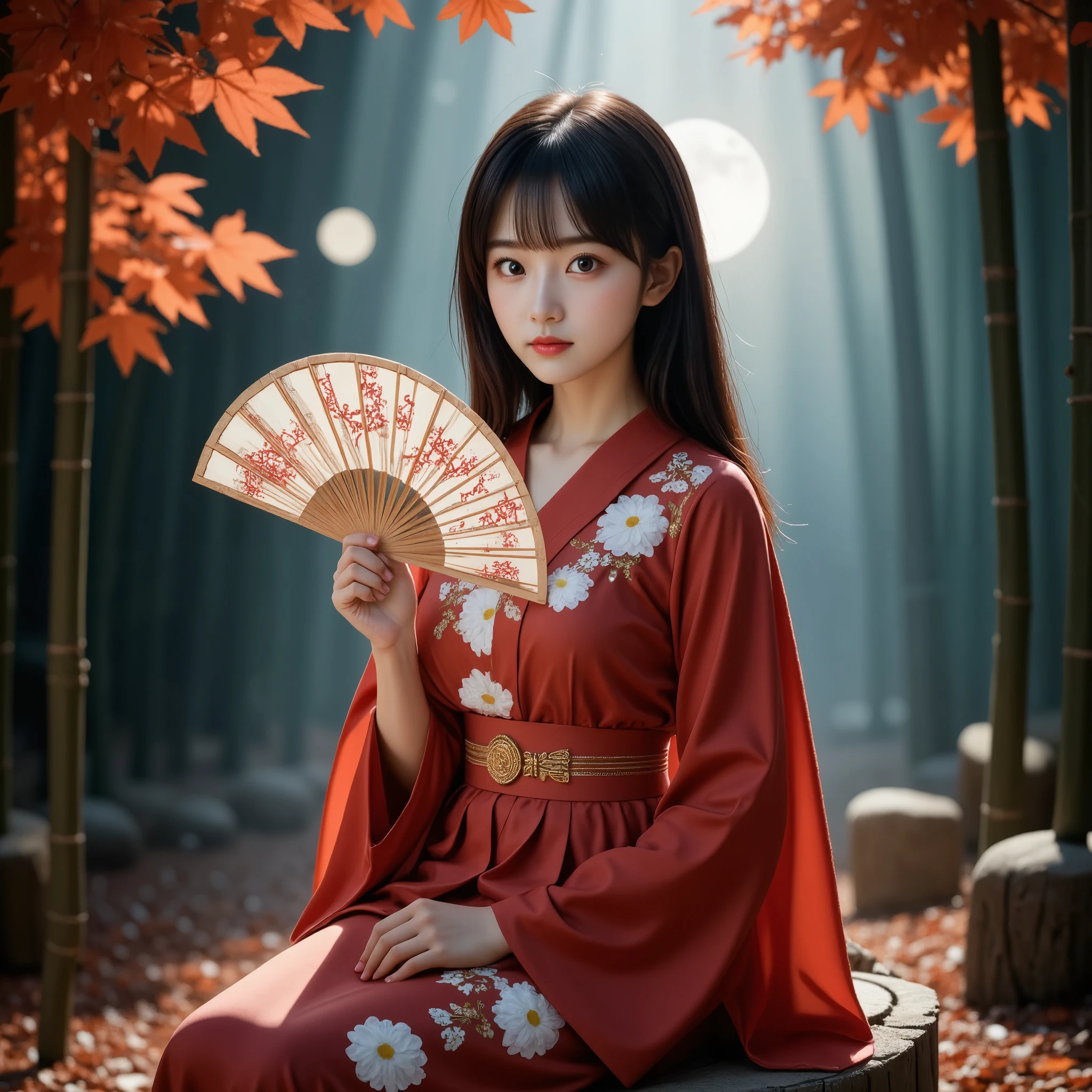  A young beautiful Japanese woman holds a fan with a beautiful Japanese pattern, cute, Princess Kaguya, Beautiful straight long black hair,　(She is wearing a beautiful red luxurious kimono,A kimono with a white and gold Japanese-style flower pattern on a red fabric, Very neat:1.2), A cute face like an idol, Large eyes with double eyelids, Fantasy art, Realistic, moving lighting, Art Station, Poster, Volumetric lighting, The face is very detailed, 4k Award Winning,  Deep Shadow, Beautiful silhouette, Modest, (Sitting on a stump, whole body:1.2) , (very beautiful、A full moon in the gaps between a fantastical bamboo forest and autumn maple leaves:1.2), (masterpiece, best quality:1.2),　
