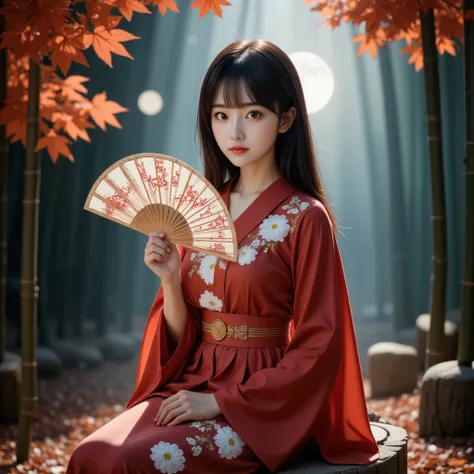 a young beautiful japanese woman holds a fan with a beautiful japanese pattern, cute, princess kaguya, beautiful straight long b...