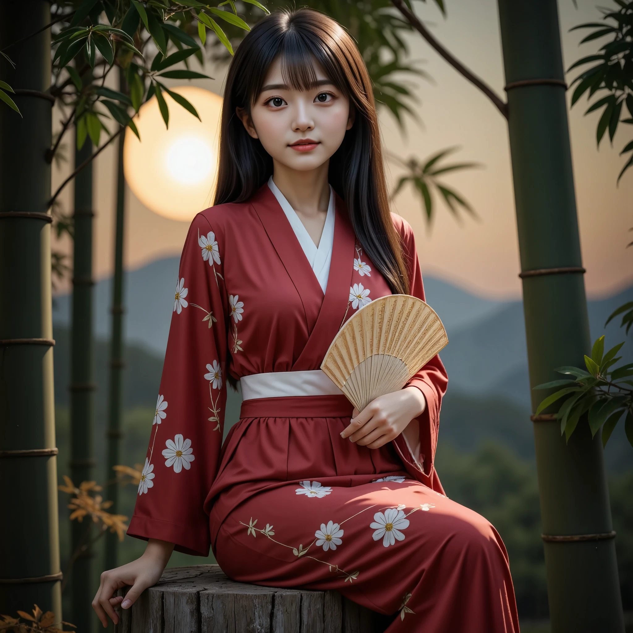  A young beautiful Japanese woman holds a beautiful Japanese-style fan, cute, Princess Kaguya, Beautiful straight long black hair,　(She is wearing a beautiful red luxurious kimono,A kimono with a white and gold Japanese-style flower pattern on a red fabric, Very neat:1.2), A cute face like an idol, Large eyes with double eyelids, Fantasy art, Realistic, moving lighting, Art Station, Poster, Volumetric lighting, The face is very detailed, 4k Award Winning,  Deep Shadow, Beautiful silhouette, Modest, (Sitting on a stump, whole body:1.2) , (very beautiful、A full moon in the gaps between a fantastical bamboo forest and autumn maple leaves:1.2), (masterpiece, best quality:1.2),　
