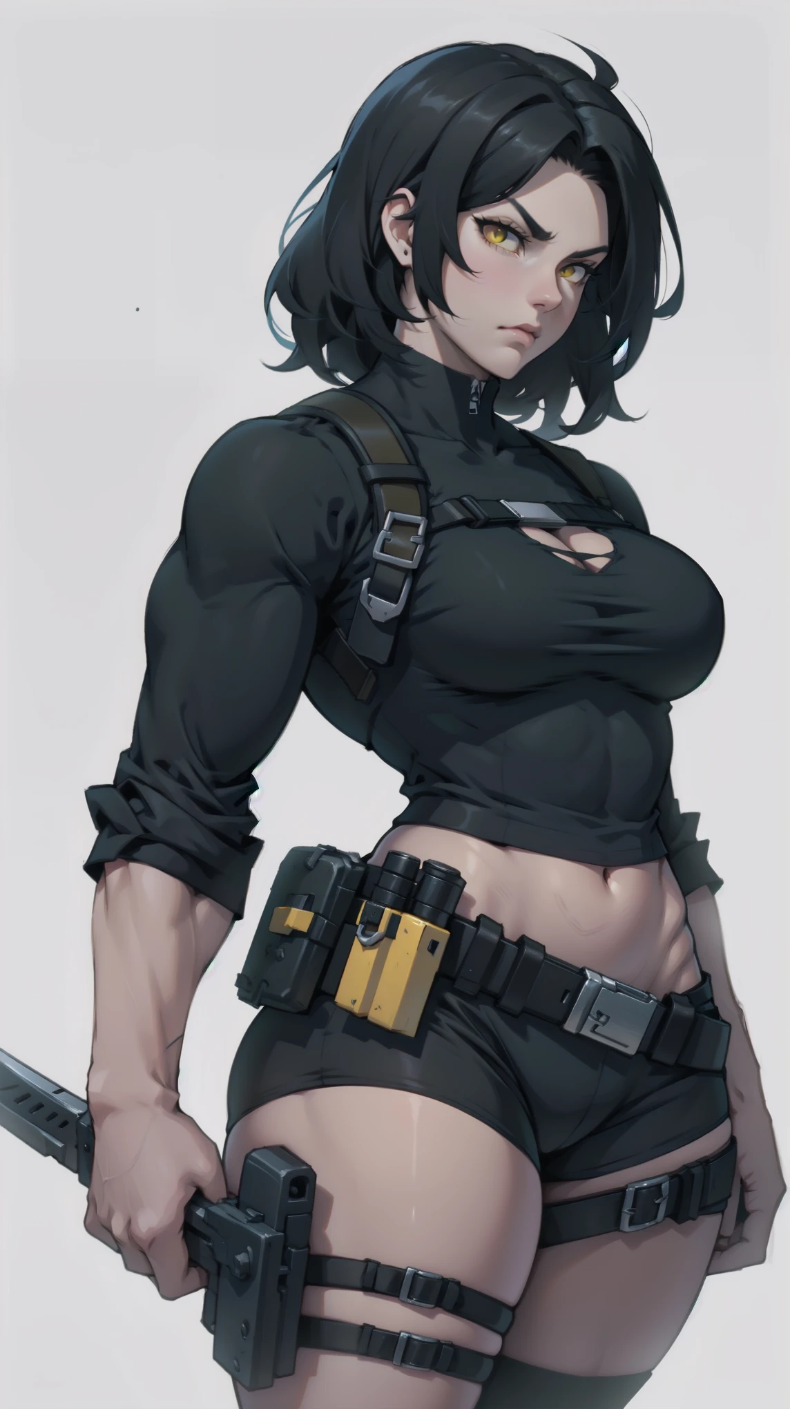 Score_9, score_8, score_7_up, close up, torso, big ass, dark skin, spiky pixie cut, black hair, blonde highlights, pierced eyebrow, toned, cargo pants, tight tank top, big breasts, hip holster, thong straps, ass crack, green eyes, body scars, tactical gloves, dogtags