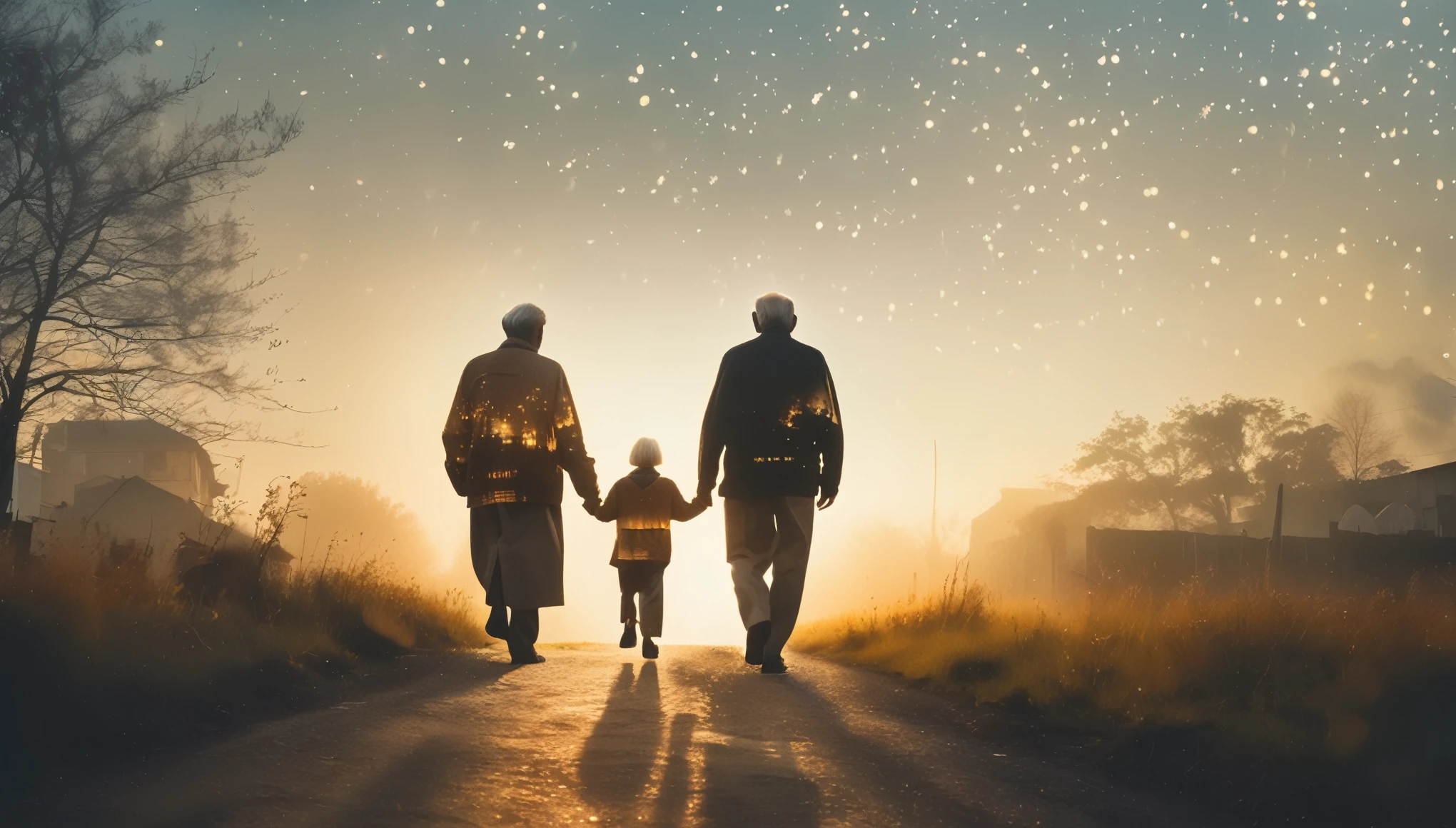 life expectancy,Photos taken using double exposure technique Featuring the silhouette of a senior elder couple, elder couple walking down a street path at twilight, intricate details, cinematic lighting, warm tones, detailed facial features, worn clothing, sense of contemplation, peaceful atmosphere, the journey of life, (best quality,4K,8k,highres,masterpiece:1.2)