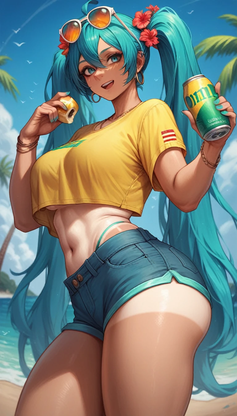 "A cheerful and vibrant Brazilian version of Hatsune Miku standing on the beach while holding her breasts. She has long hair with two aquamarine pigtails., Tanned skin with visible tan lines and wearing a tight yellow top with the Brazilian flag on it.. She also has big boobs and thighs along with a big butt... He is wearing worn denim shorts and holding a can of Guaraná Antarctica in one hand... Miku smiles and wears sunglasses on her head, with a tropical flower in her hair. The background features a sunny beach with a clear blue sky and palm trees..."
