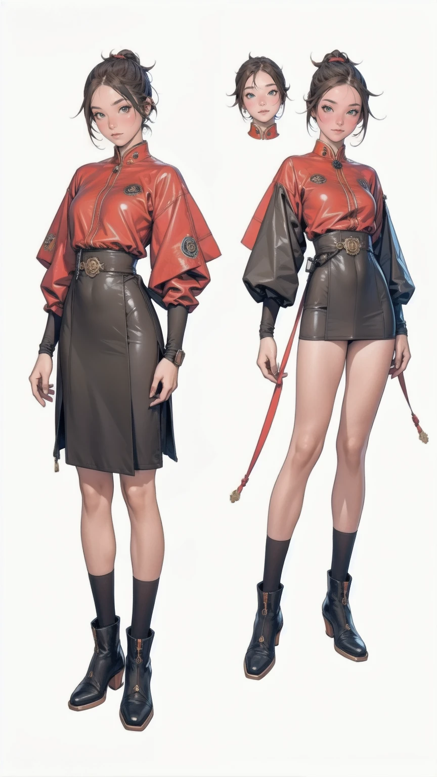 Full body seminude, perfect face, big green eyes , fighting pose, muscular female, Dinamic pose, Character sheet, pale skin, huge breast, hair band, curly hair, very long hair, red cape, facial expresions, black hair, ponytailhair, multiple angles, perspective, multiples images.
