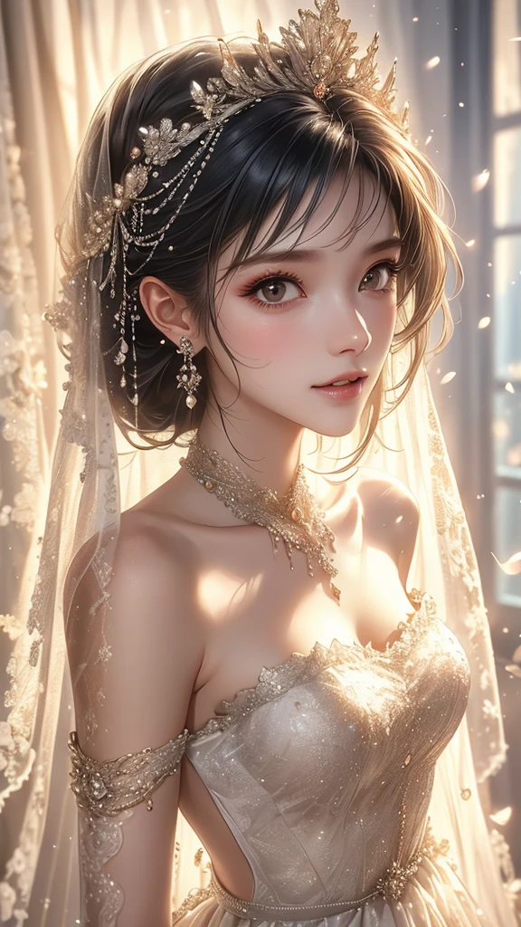 (masterpiece), Best quality, highest quality, Highly detailed CG Unity 8k wallpaper, original, high resolution, (Depth of Field: 1.5), Honesty: 1.3, breast, bride portrait style, 1 girl, curtain, veil , bridal veil, Wedding Dress, curtain, Jewelry, Solitary, earrings, teeth, bride, black_hair