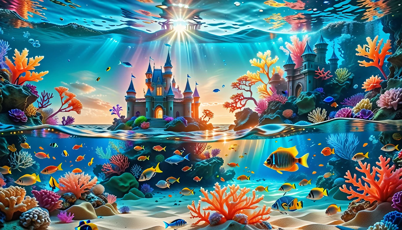 A Masterpiece In 32K Resolution, Supreme Quality, Super Detail, Official Art, Very High-Resolution 32K Wallpaper, Mystical And Surreal, Ultra-Detailed Features, Oceanic Splendor. A Vibrant Coral Reef Teems With Life, As Schools Of Colorful Fish Swim Gracefully Through Crystal-Clear Waters. Sunlight Filters Down From The Surface, Creating A Dance Of Light And Shadows. In The Background, An Ethereal Underwater Castle Emerges From The Sand, Adorned With Bioluminescent Plants That Illuminate The Depths.