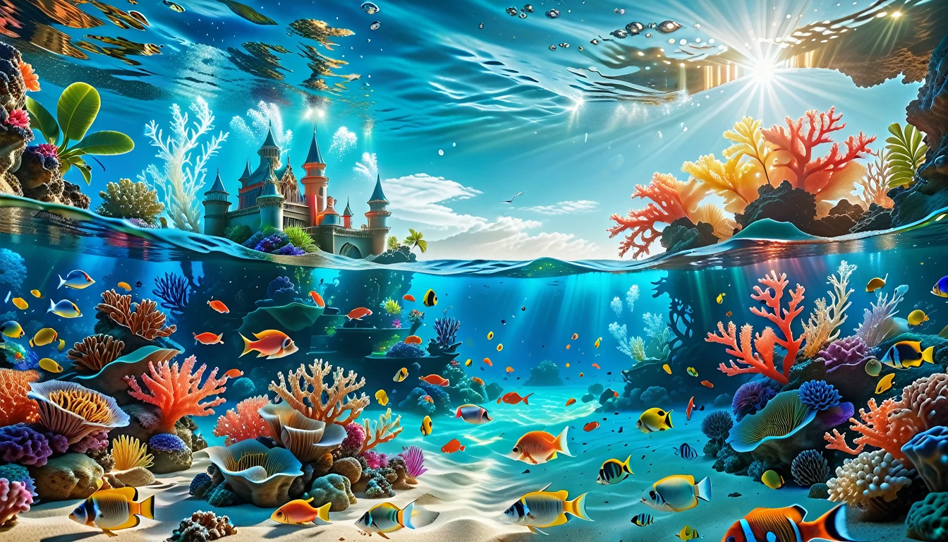 A Masterpiece In 32K Resolution, Supreme Quality, Super Detail, Official Art, Very High-Resolution 32K Wallpaper, Mystical And Surreal, Ultra-Detailed Features, Oceanic Splendor. A Vibrant Coral Reef Teems With Life, As Schools Of Colorful Fish Swim Gracefully Through Crystal-Clear Waters. Sunlight Filters Down From The Surface, Creating A Dance Of Light And Shadows. In The Background, An Ethereal Underwater Castle Emerges From The Sand, Adorned With Bioluminescent Plants That Illuminate The Depths.