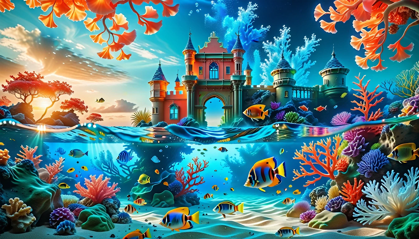 A Masterpiece In 32K Resolution, Supreme Quality, Super Detail, Official Art, Very High-Resolution 32K Wallpaper, Mystical And Surreal, Ultra-Detailed Features, Oceanic Splendor. A Vibrant Coral Reef Teems With Life, As Schools Of Colorful Fish Swim Gracefully Through Crystal-Clear Waters. Sunlight Filters Down From The Surface, Creating A Dance Of Light And Shadows. In The Background, An Ethereal Underwater Castle Emerges From The Sand, Adorned With Bioluminescent Plants That Illuminate The Depths.