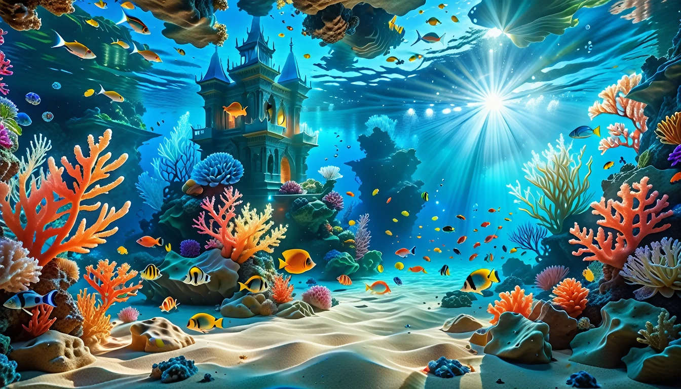 A Masterpiece In 32K Resolution, Supreme Quality, Super Detail, Official Art, Very High-Resolution 32K Wallpaper, Mystical And Surreal, Ultra-Detailed Features, Oceanic Splendor. A Vibrant Coral Reef Teems With Life, As Schools Of Colorful Fish Swim Gracefully Through Crystal-Clear Waters. Sunlight Filters Down From The Surface, Creating A Dance Of Light And Shadows. In The Background, An Ethereal Underwater Castle Emerges From The Sand, Adorned With Bioluminescent Plants That Illuminate The Depths.