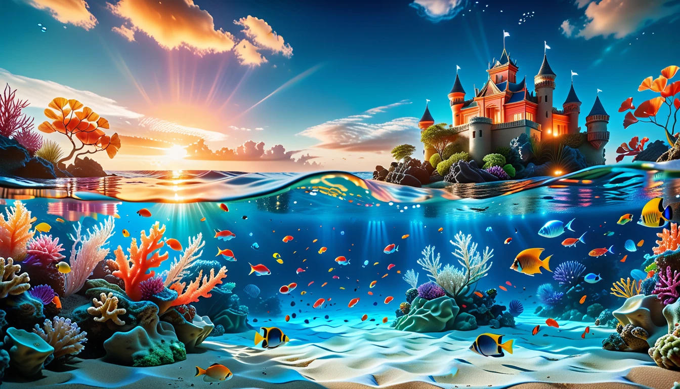 A Masterpiece In 32K Resolution, Supreme Quality, Super Detail, Official Art, Very High-Resolution 32K Wallpaper, Mystical And Surreal, Ultra-Detailed Features, Oceanic Splendor. A Vibrant Coral Reef Teems With Life, As Schools Of Colorful Fish Swim Gracefully Through Crystal-Clear Waters. Sunlight Filters Down From The Surface, Creating A Dance Of Light And Shadows. In The Background, An Ethereal Underwater Castle Emerges From The Sand, Adorned With Bioluminescent Plants That Illuminate The Depths.