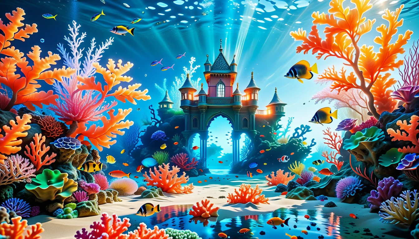 A Masterpiece In 32K Resolution, Supreme Quality, Super Detail, Official Art, Very High-Resolution 32K Wallpaper, Mystical And Surreal, Ultra-Detailed Features, Oceanic Splendor. A Vibrant Coral Reef Teems With Life, As Schools Of Colorful Fish Swim Gracefully Through Crystal-Clear Waters. Sunlight Filters Down From The Surface, Creating A Dance Of Light And Shadows. In The Background, An Ethereal Underwater Castle Emerges From The Sand, Adorned With Bioluminescent Plants That Illuminate The Depths.