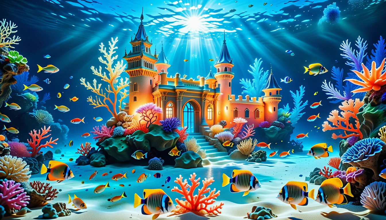 A Masterpiece In 32K Resolution, Supreme Quality, Super Detail, Official Art, Very High-Resolution 32K Wallpaper, Mystical And Surreal, Ultra-Detailed Features, Oceanic Splendor. A Vibrant Coral Reef Teems With Life, As Schools Of Colorful Fish Swim Gracefully Through Crystal-Clear Waters. Sunlight Filters Down From The Surface, Creating A Dance Of Light And Shadows. In The Background, An Ethereal Underwater Castle Emerges From The Sand, Adorned With Bioluminescent Plants That Illuminate The Depths.