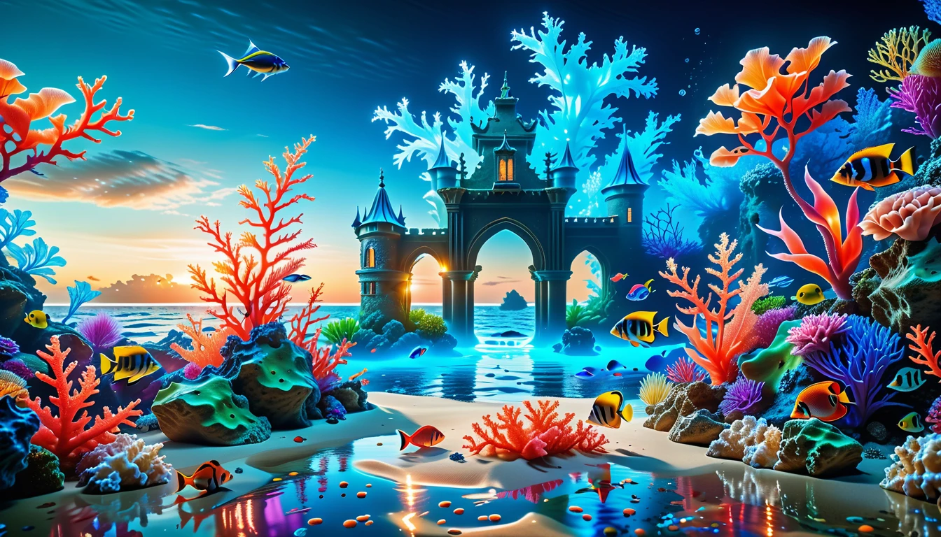 A Masterpiece In 32K Resolution, Supreme Quality, Super Detail, Official Art, Very High-Resolution 32K Wallpaper, Mystical And Surreal, Ultra-Detailed Features, Oceanic Splendor. A Vibrant Coral Reef Teems With Life, As Schools Of Colorful Fish Swim Gracefully Through Crystal-Clear Waters. Sunlight Filters Down From The Surface, Creating A Dance Of Light And Shadows. In The Background, An Ethereal Underwater Castle Emerges From The Sand, Adorned With Bioluminescent Plants That Illuminate The Depths.