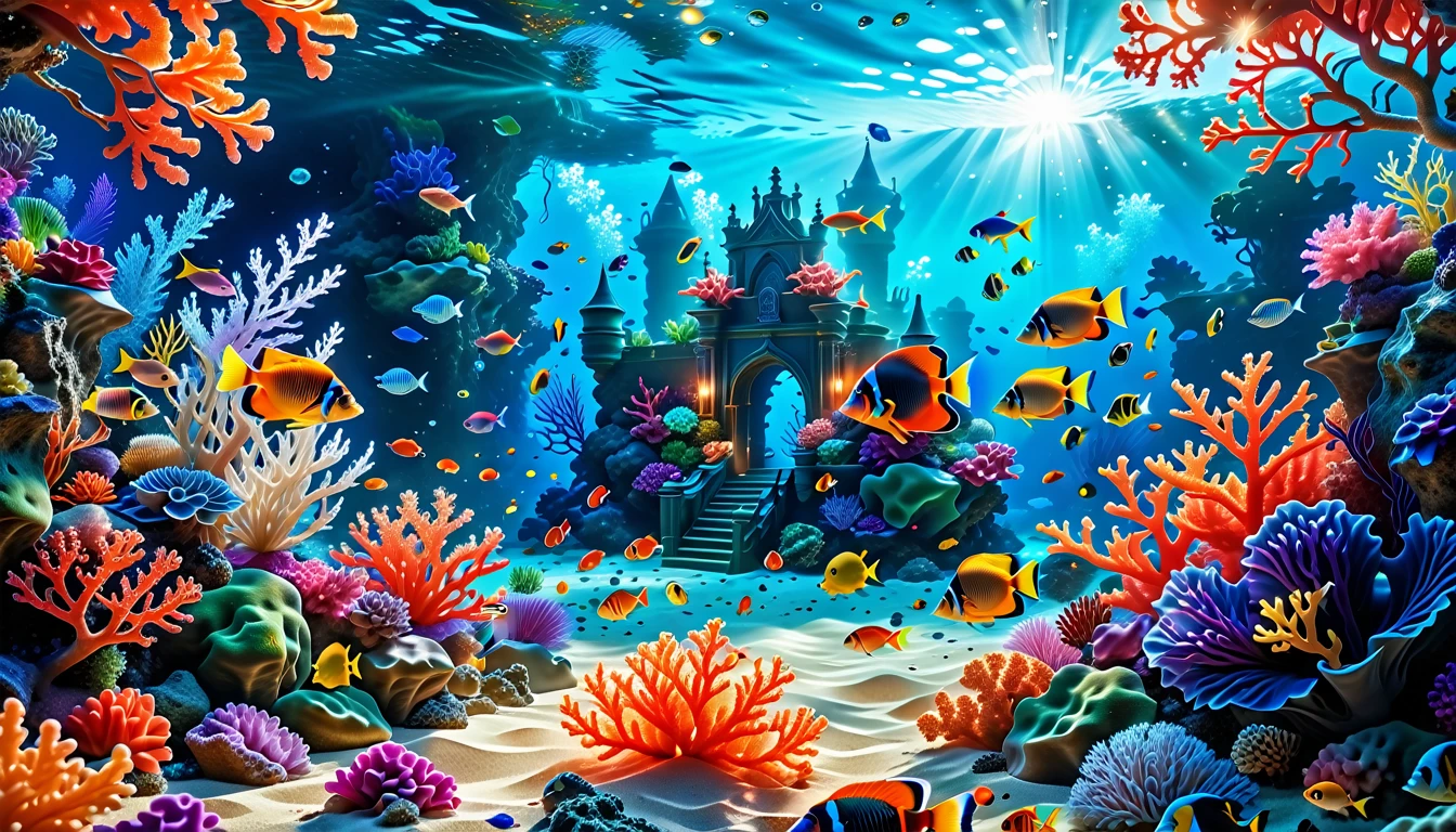 A Masterpiece In 32K Resolution, Supreme Quality, Super Detail, Official Art, Very High-Resolution 32K Wallpaper, Mystical And Surreal, Ultra-Detailed Features, Oceanic Splendor. A Vibrant Coral Reef Teems With Life, As Schools Of Colorful Fish Swim Gracefully Through Crystal-Clear Waters. Sunlight Filters Down From The Surface, Creating A Dance Of Light And Shadows. In The Background, An Ethereal Underwater Castle Emerges From The Sand, Adorned With Bioluminescent Plants That Illuminate The Depths.