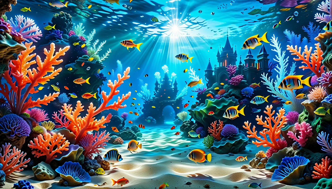 A Masterpiece In 32K Resolution, Supreme Quality, Super Detail, Official Art, Very High-Resolution 32K Wallpaper, Mystical And Surreal, Ultra-Detailed Features, Oceanic Splendor. A Vibrant Coral Reef Teems With Life, As Schools Of Colorful Fish Swim Gracefully Through Crystal-Clear Waters. Sunlight Filters Down From The Surface, Creating A Dance Of Light And Shadows. In The Background, An Ethereal Underwater Castle Emerges From The Sand, Adorned With Bioluminescent Plants That Illuminate The Depths.