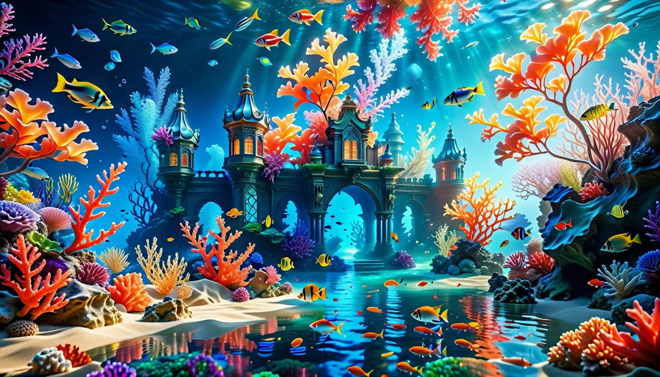 A Masterpiece In 32K Resolution, Supreme Quality, Super Detail, Official Art, Very High-Resolution 32K Wallpaper, Mystical And Surreal, Ultra-Detailed Features, Oceanic Splendor. A Vibrant Coral Reef Teems With Life, As Schools Of Colorful Fish Swim Gracefully Through Crystal-Clear Waters. Sunlight Filters Down From The Surface, Creating A Dance Of Light And Shadows. In The Background, An Ethereal Underwater Castle Emerges From The Sand, Adorned With Bioluminescent Plants That Illuminate The Depths.