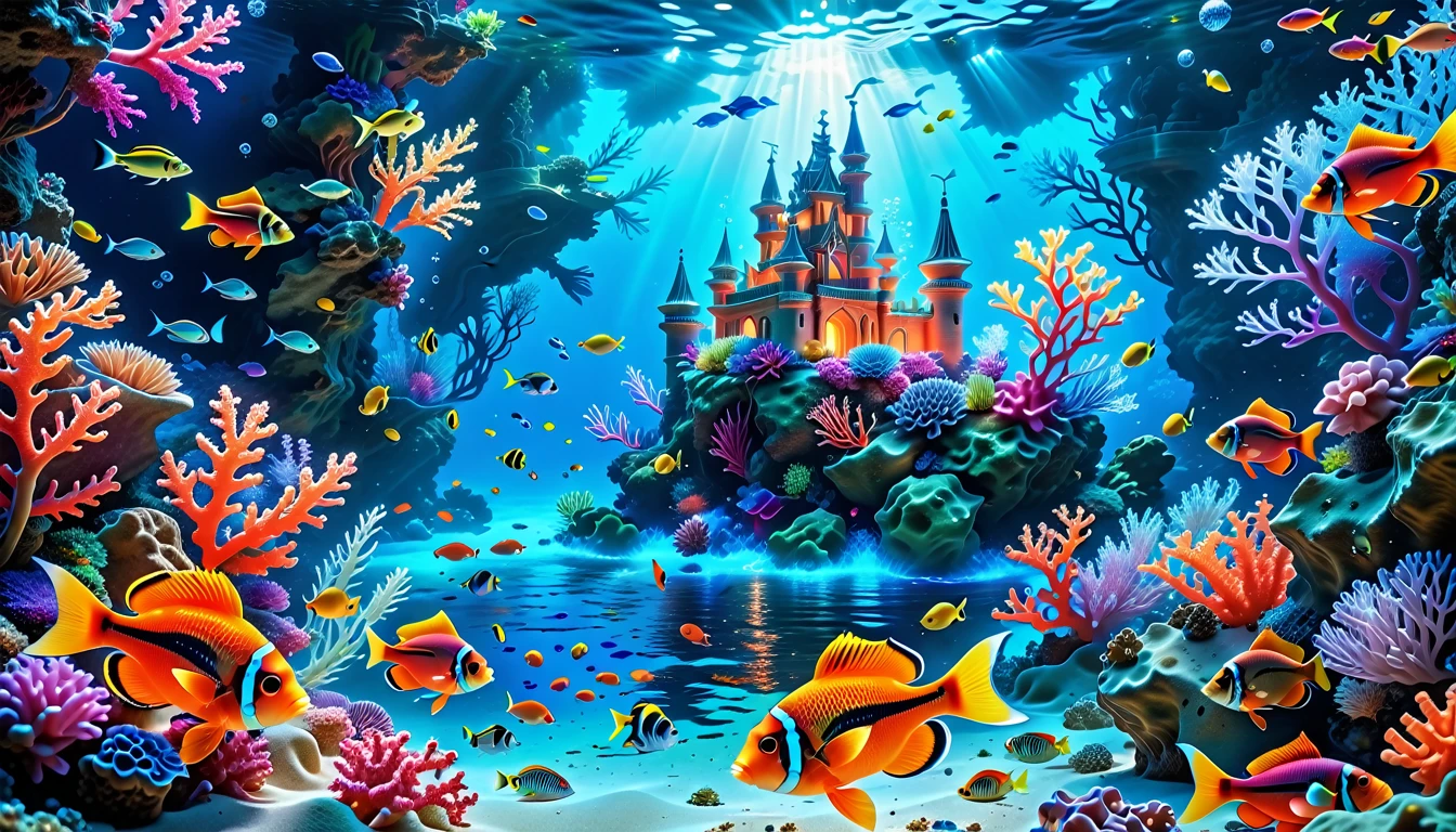 A Masterpiece In 32K Resolution, Supreme Quality, Super Detail, Official Art, Very High-Resolution 32K Wallpaper, Mystical And Surreal, Ultra-Detailed Features, Oceanic Splendor. A Vibrant Coral Reef Teems With Life, As Schools Of Colorful Fish Swim Gracefully Through Crystal-Clear Waters. Sunlight Filters Down From The Surface, Creating A Dance Of Light And Shadows. In The Background, An Ethereal Underwater Castle Emerges From The Sand, Adorned With Bioluminescent Plants That Illuminate The Depths.