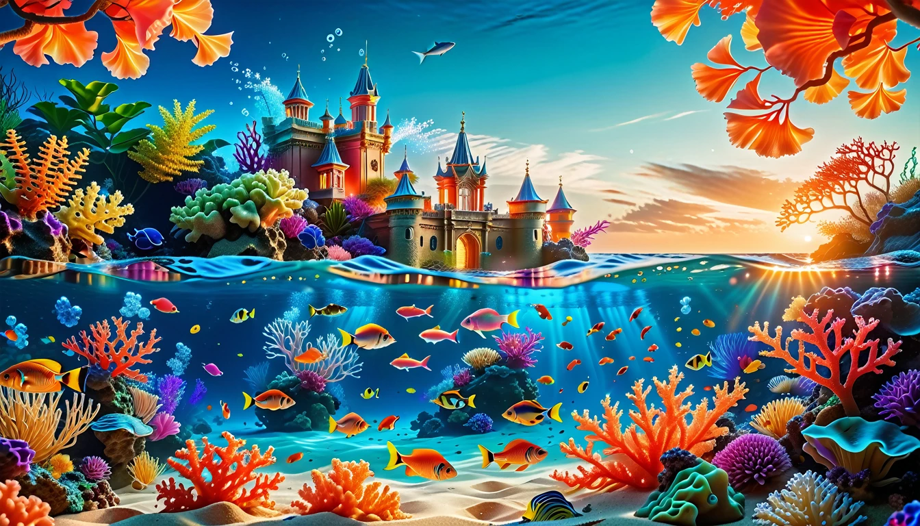 A Masterpiece In 32K Resolution, Supreme Quality, Super Detail, Official Art, Very High-Resolution 32K Wallpaper, Mystical And Surreal, Ultra-Detailed Features, Oceanic Splendor. A Vibrant Coral Reef Teems With Life, As Schools Of Colorful Fish Swim Gracefully Through Crystal-Clear Waters. Sunlight Filters Down From The Surface, Creating A Dance Of Light And Shadows. In The Background, An Ethereal Underwater Castle Emerges From The Sand, Adorned With Bioluminescent Plants That Illuminate The Depths.