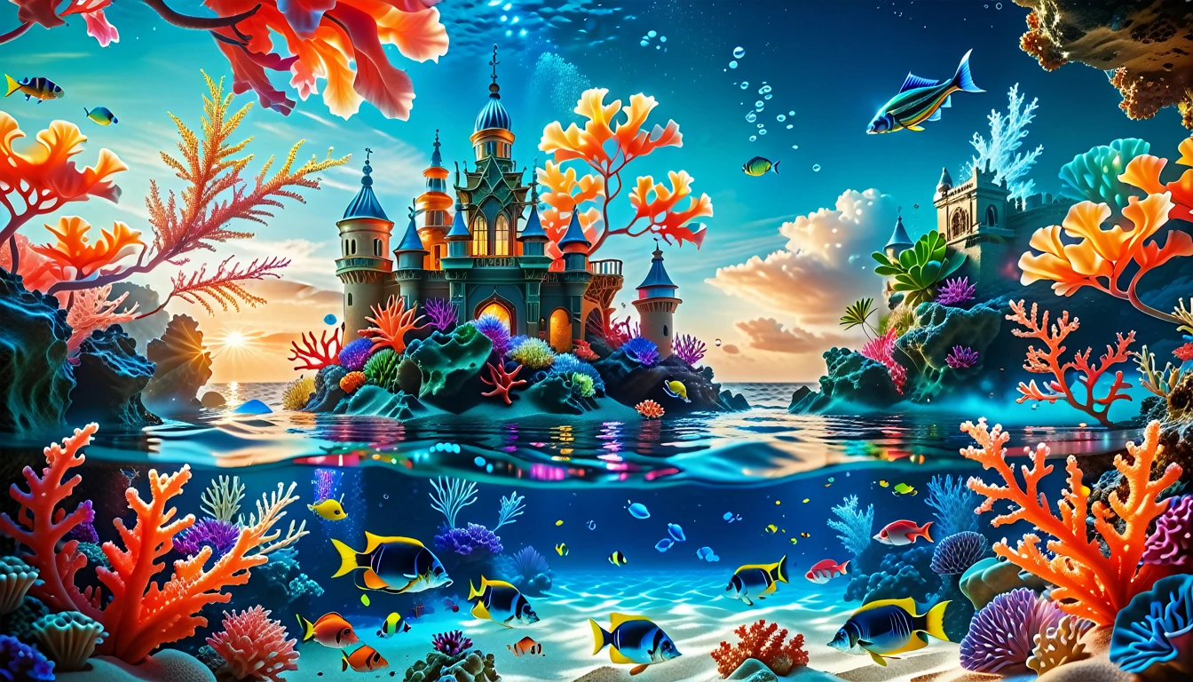 A Masterpiece In 32K Resolution, Supreme Quality, Super Detail, Official Art, Very High-Resolution 32K Wallpaper, Mystical And Surreal, Ultra-Detailed Features, Oceanic Splendor. A Vibrant Coral Reef Teems With Life, As Schools Of Colorful Fish Swim Gracefully Through Crystal-Clear Waters. Sunlight Filters Down From The Surface, Creating A Dance Of Light And Shadows. In The Background, An Ethereal Underwater Castle Emerges From The Sand, Adorned With Bioluminescent Plants That Illuminate The Depths.