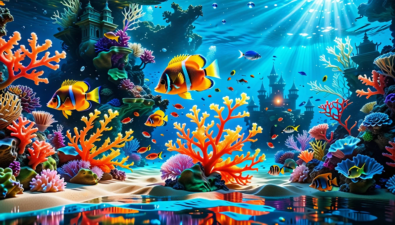 A Masterpiece In 32K Resolution, Supreme Quality, Super Detail, Official Art, Very High-Resolution 32K Wallpaper, Mystical And Surreal, Ultra-Detailed Features, Oceanic Splendor. A Vibrant Coral Reef Teems With Life, As Schools Of Colorful Fish Swim Gracefully Through Crystal-Clear Waters. Sunlight Filters Down From The Surface, Creating A Dance Of Light And Shadows. In The Background, An Ethereal Underwater Castle Emerges From The Sand, Adorned With Bioluminescent Plants That Illuminate The Depths.