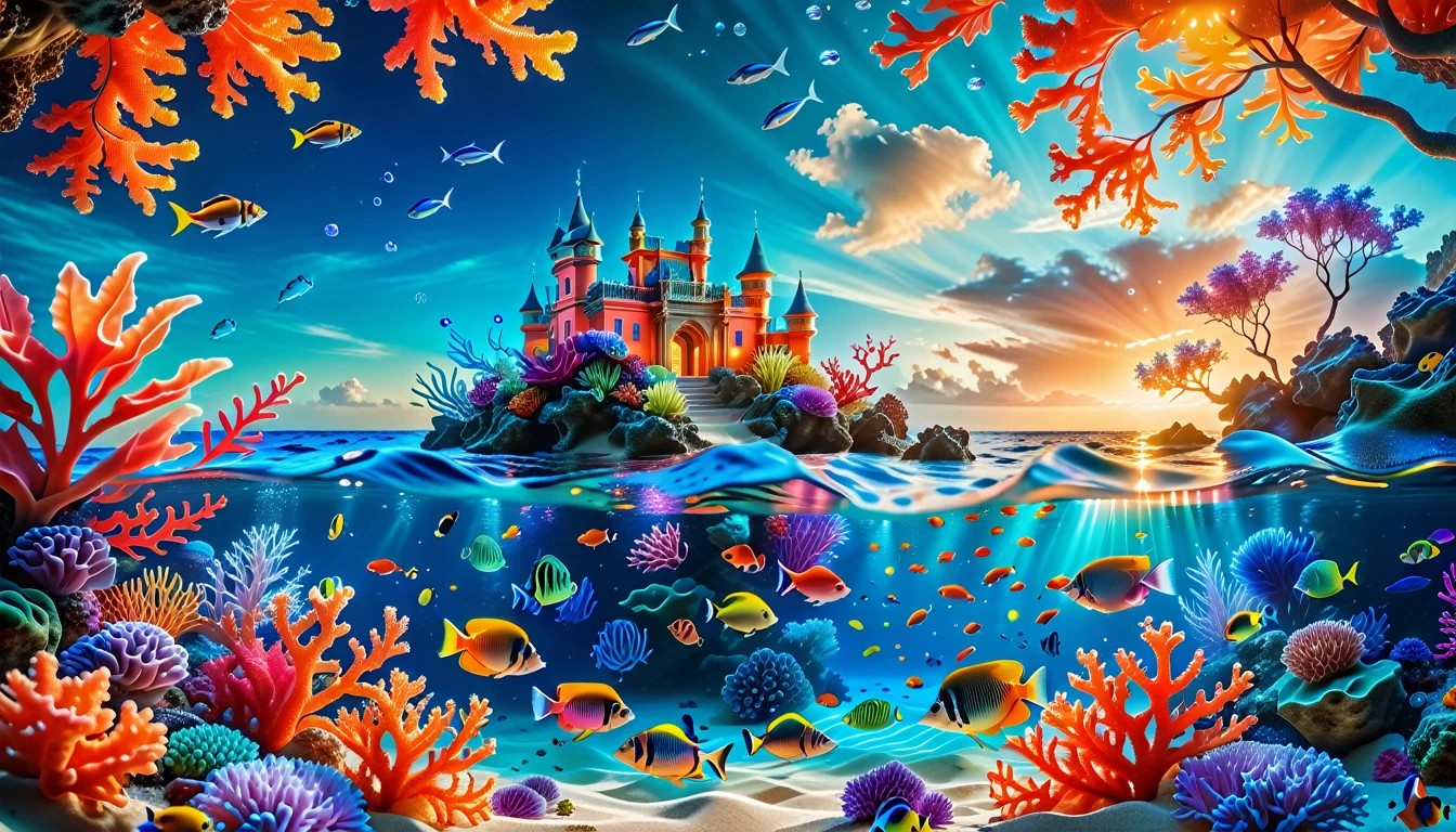 A Masterpiece In 32K Resolution, Supreme Quality, Super Detail, Official Art, Very High-Resolution 32K Wallpaper, Mystical And Surreal, Ultra-Detailed Features, Oceanic Splendor. A Vibrant Coral Reef Teems With Life, As Schools Of Colorful Fish Swim Gracefully Through Crystal-Clear Waters. Sunlight Filters Down From The Surface, Creating A Dance Of Light And Shadows. In The Background, An Ethereal Underwater Castle Emerges From The Sand, Adorned With Bioluminescent Plants That Illuminate The Depths.