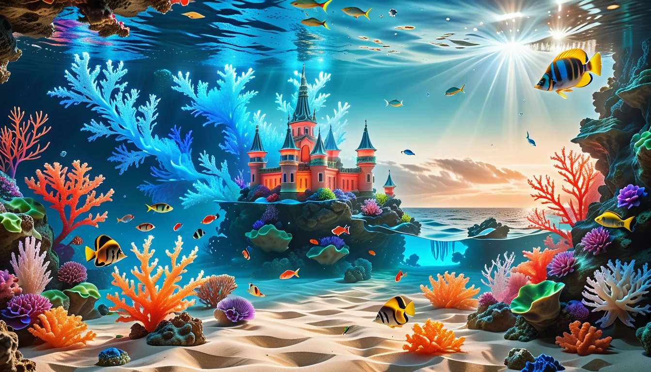 A Masterpiece In 32K Resolution, Supreme Quality, Super Detail, Official Art, Very High-Resolution 32K Wallpaper, Mystical And Surreal, Ultra-Detailed Features, Oceanic Splendor. A Vibrant Coral Reef Teems With Life, As Schools Of Colorful Fish Swim Gracefully Through Crystal-Clear Waters. Sunlight Filters Down From The Surface, Creating A Dance Of Light And Shadows. In The Background, An Ethereal Underwater Castle Emerges From The Sand, Adorned With Bioluminescent Plants That Illuminate The Depths.