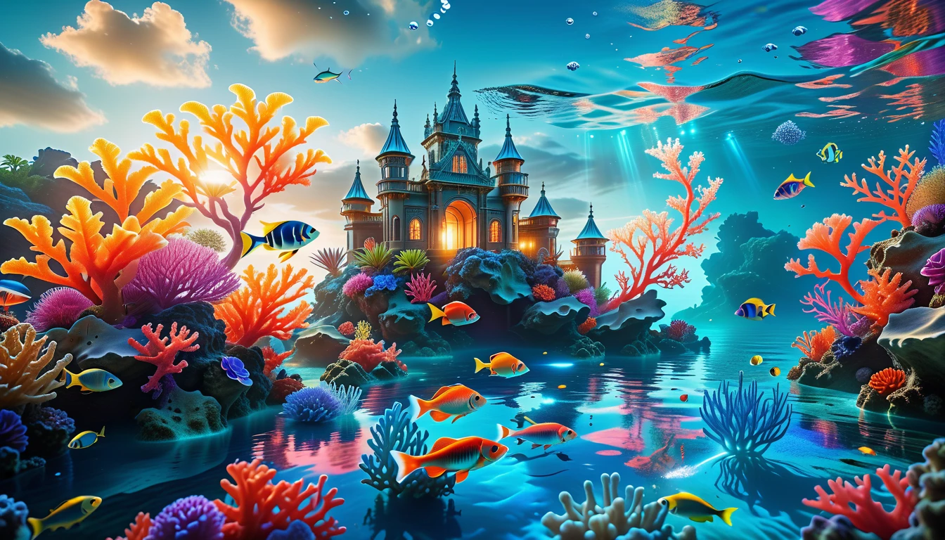 A Masterpiece In 32K Resolution, Supreme Quality, Super Detail, Official Art, Very High-Resolution 32K Wallpaper, Mystical And Surreal, Ultra-Detailed Features, Oceanic Splendor. A Vibrant Coral Reef Teems With Life, As Schools Of Colorful Fish Swim Gracefully Through Crystal-Clear Waters. Sunlight Filters Down From The Surface, Creating A Dance Of Light And Shadows. In The Background, An Ethereal Underwater Castle Emerges From The Sand, Adorned With Bioluminescent Plants That Illuminate The Depths.