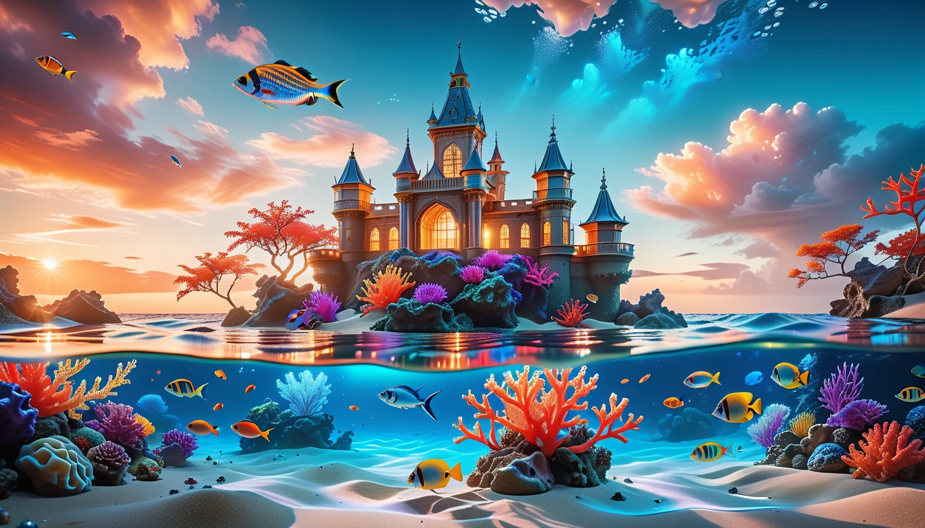 A Masterpiece In 32K Resolution, Supreme Quality, Super Detail, Official Art, Very High-Resolution 32K Wallpaper, Mystical And Surreal, Ultra-Detailed Features, Oceanic Splendor. A Vibrant Coral Reef Teems With Life, As Schools Of Colorful Fish Swim Gracefully Through Crystal-Clear Waters. Sunlight Filters Down From The Surface, Creating A Dance Of Light And Shadows. In The Background, An Ethereal Underwater Castle Emerges From The Sand, Adorned With Bioluminescent Plants That Illuminate The Depths.