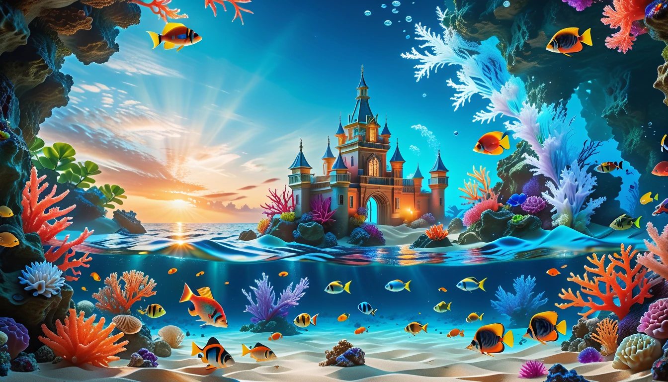 A Masterpiece In 32K Resolution, Supreme Quality, Super Detail, Official Art, Very High-Resolution 32K Wallpaper, Mystical And Surreal, Ultra-Detailed Features, Oceanic Splendor. A Vibrant Coral Reef Teems With Life, As Schools Of Colorful Fish Swim Gracefully Through Crystal-Clear Waters. Sunlight Filters Down From The Surface, Creating A Dance Of Light And Shadows. In The Background, An Ethereal Underwater Castle Emerges From The Sand, Adorned With Bioluminescent Plants That Illuminate The Depths.