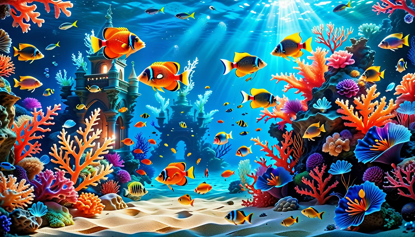 A Masterpiece In 32K Resolution, Supreme Quality, Super Detail, Official Art, Very High-Resolution 32K Wallpaper, Mystical And Surreal, Ultra-Detailed Features, Oceanic Splendor. A Vibrant Coral Reef Teems With Life, As Schools Of Colorful Fish Swim Gracefully Through Crystal-Clear Waters. Sunlight Filters Down From The Surface, Creating A Dance Of Light And Shadows. In The Background, An Ethereal Underwater Castle Emerges From The Sand, Adorned With Bioluminescent Plants That Illuminate The Depths.