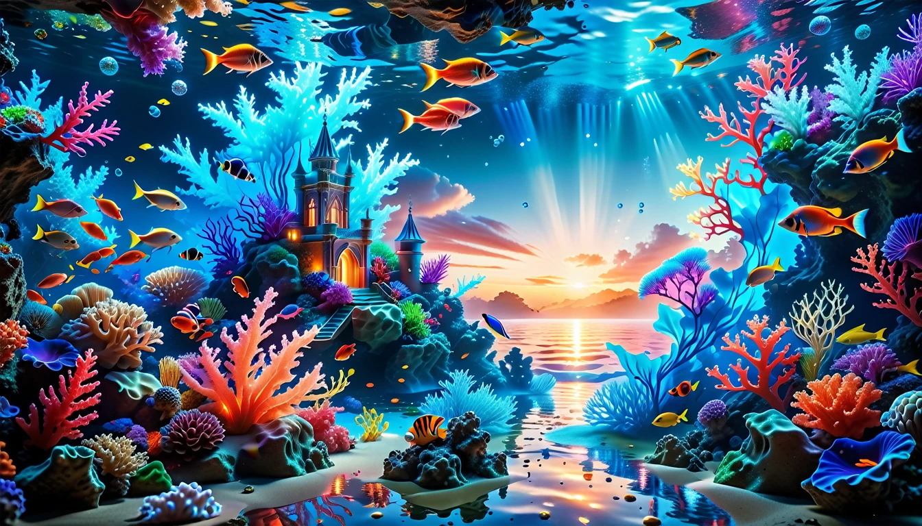 A Masterpiece In 32K Resolution, Supreme Quality, Super Detail, Official Art, Very High-Resolution 32K Wallpaper, Mystical And Surreal, Ultra-Detailed Features, Oceanic Splendor. A Vibrant Coral Reef Teems With Life, As Schools Of Colorful Fish Swim Gracefully Through Crystal-Clear Waters. Sunlight Filters Down From The Surface, Creating A Dance Of Light And Shadows. In The Background, An Ethereal Underwater Castle Emerges From The Sand, Adorned With Bioluminescent Plants That Illuminate The Depths.